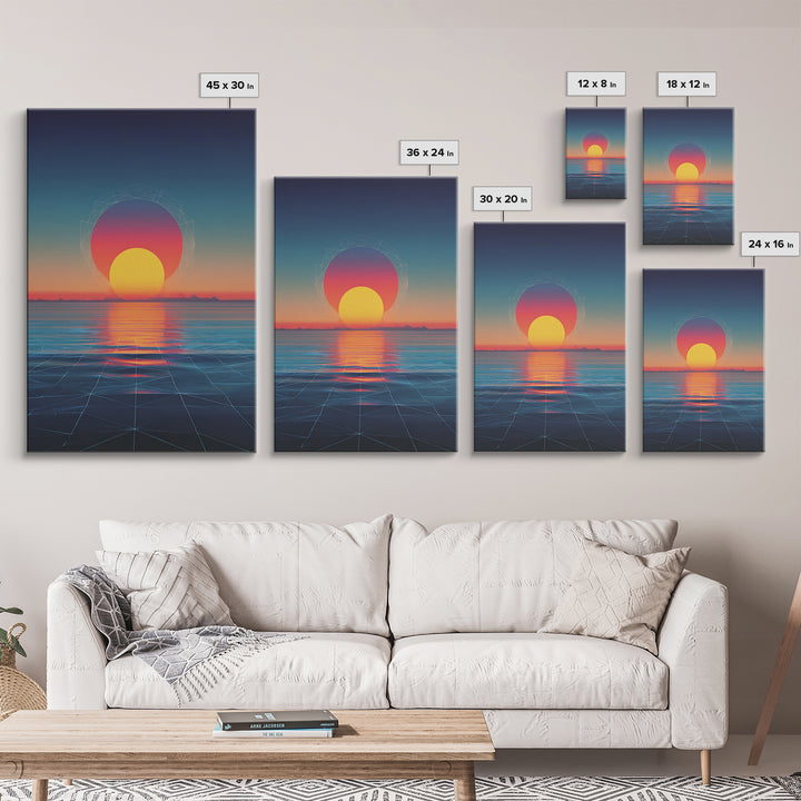 Neon Sunset Over Ocean Grid Wall Art, Synthwave Retro Poster, Vaporwave Modern Wall Decor, 80s Digital Art Print, Futuristic Decor