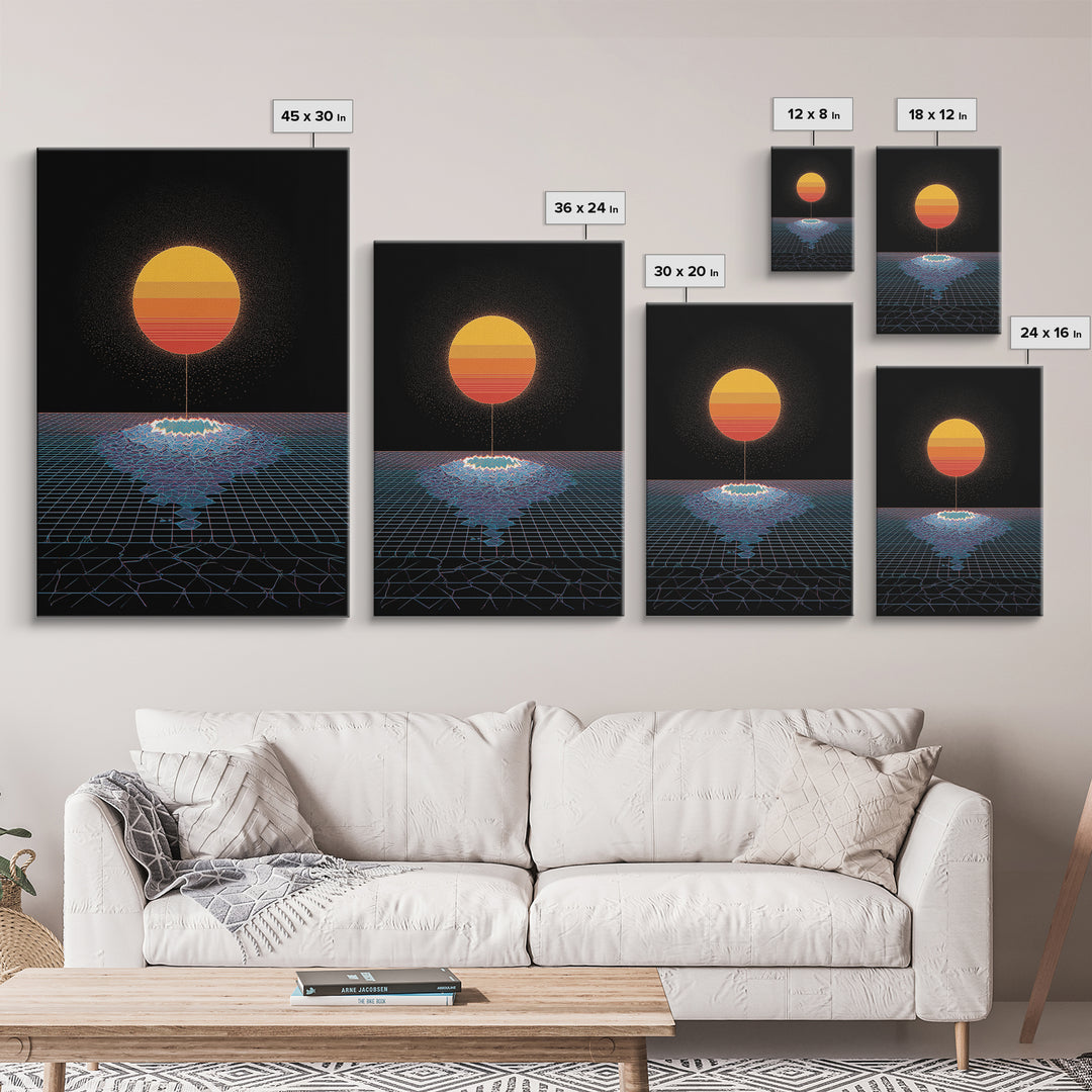 Minimal Retro Sun Over Digital Grid Canvas Print, Black Sci Fi Wall Art, Vaporwave Poster, Modern Geometric Decor Print Gift