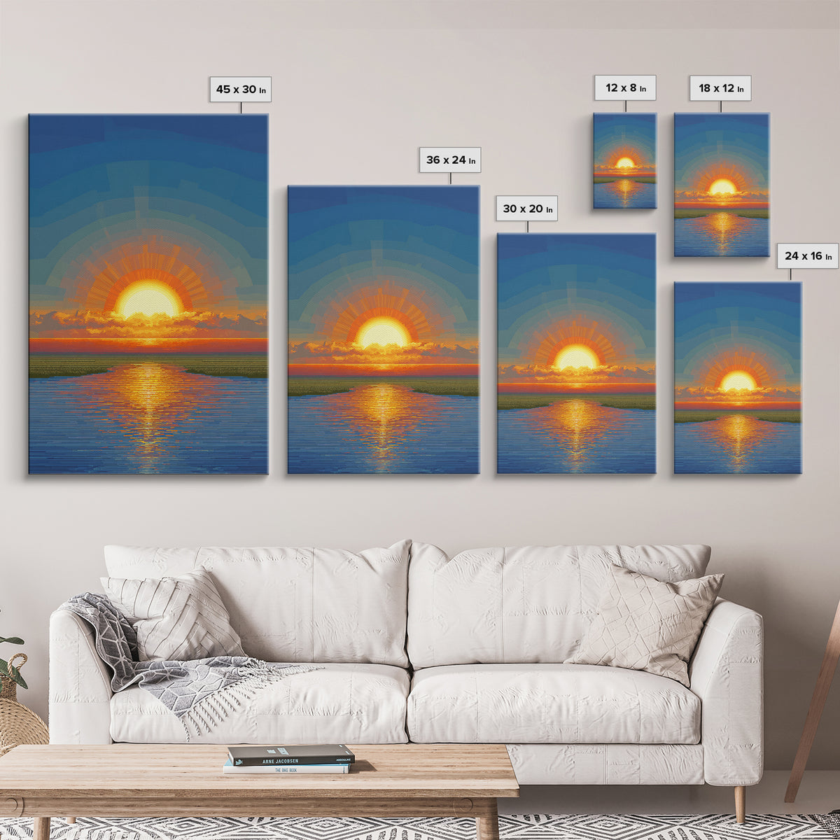 Golden Sunrise Over Calm Water Wall Art, Pixel Style Midcentury Poster, Modern Abstract Landscape, Living Room Decor Print