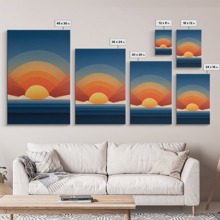 Geometric Desert Sunrise With Red Mountains Framed Canvas Print, Midcentury Modern Wall Art, Orange Blue Abstract Decor Poster