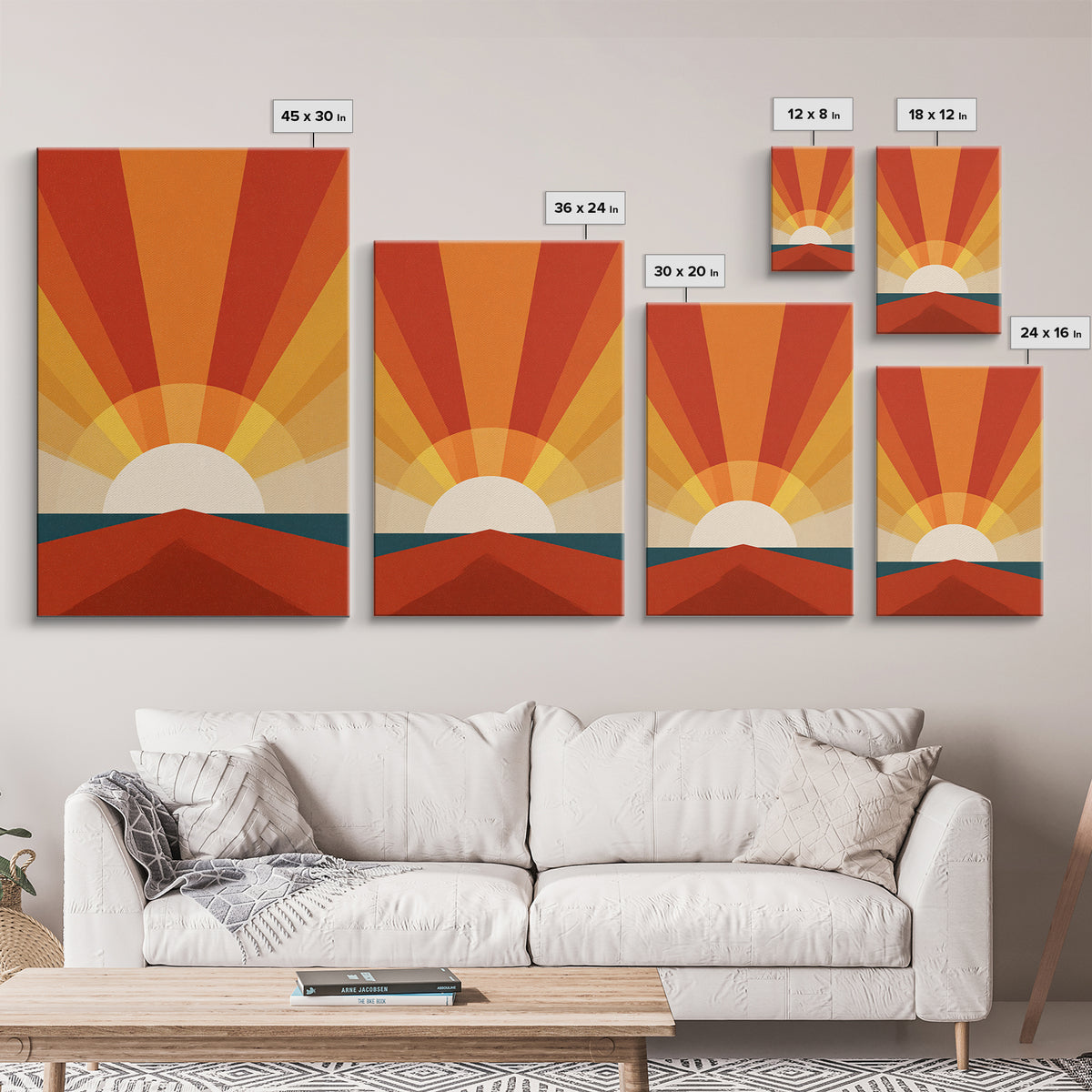 Bold Retro Sunrise Rays Over Ocean Road Canvas Print, 70s Wall Art Poster, Midcentury Modern Decor, Orange Sun Print Gift