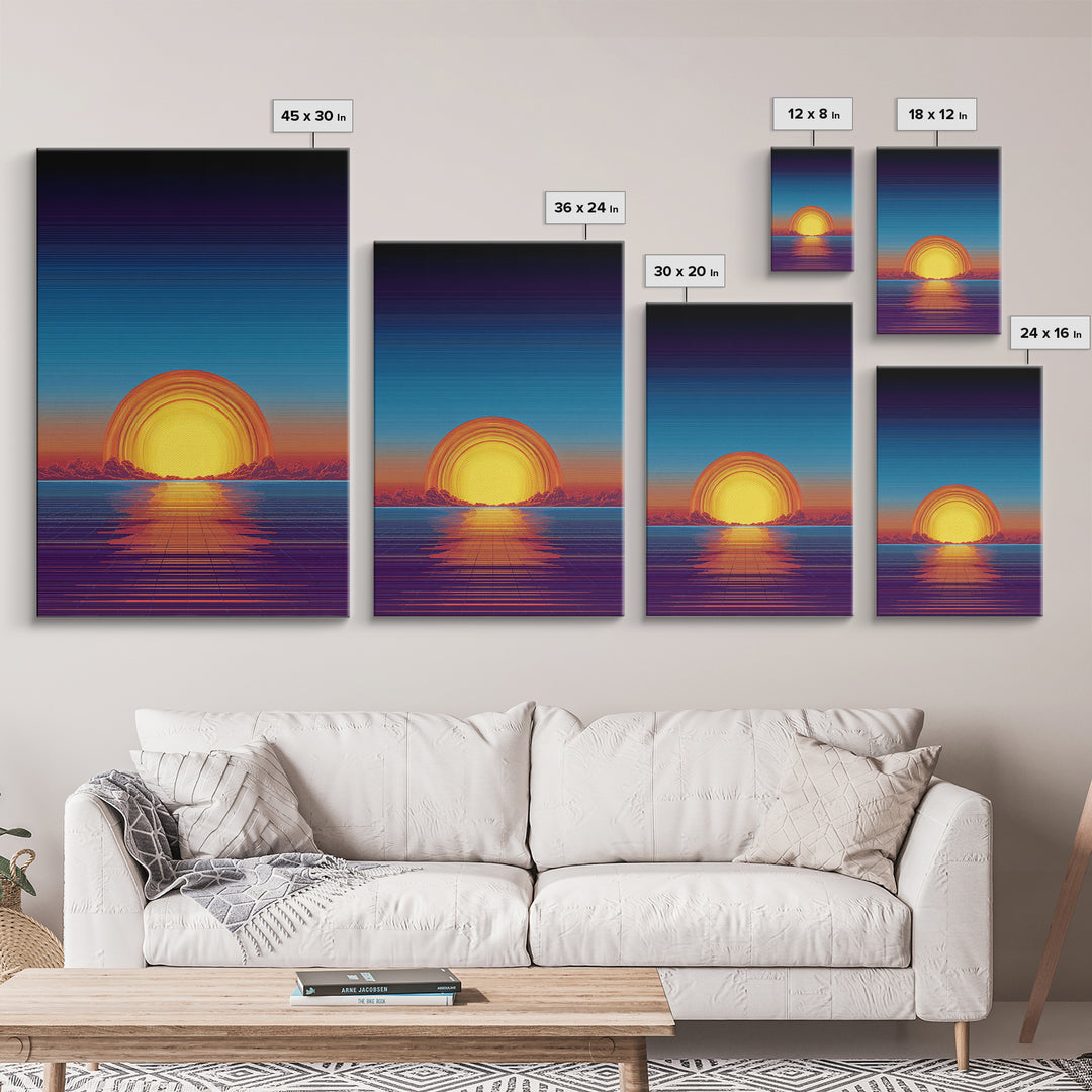 Neon Retro Sunset Over Ocean Grid Wall Art, Synthwave 80s Poster, Vaporwave Decor, Modern Digital Art, Blue Orange Print