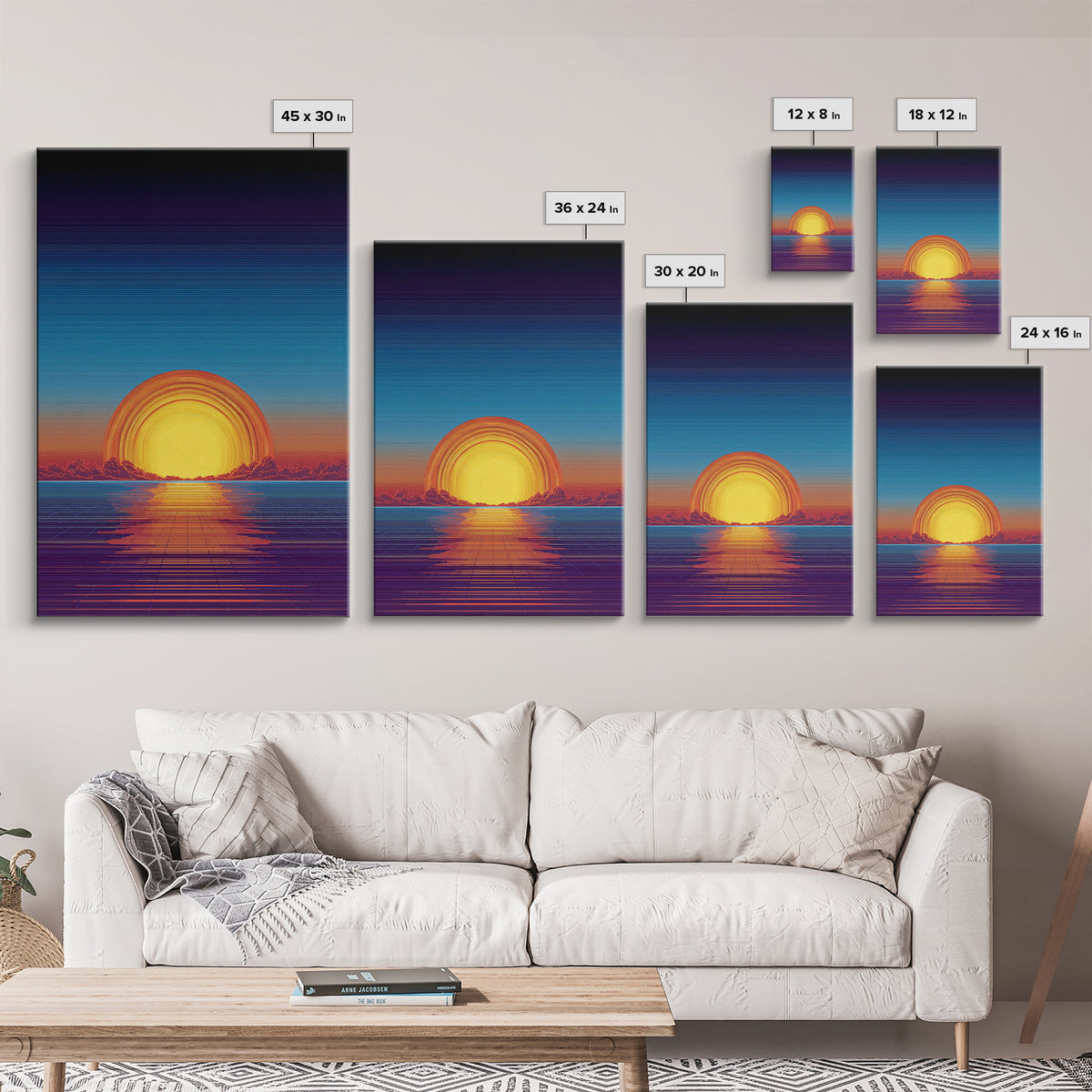 Neon Retro Sunset Over Ocean Grid Wall Art, Synthwave 80s Poster, Vaporwave Decor, Modern Digital Art, Blue Orange Print
