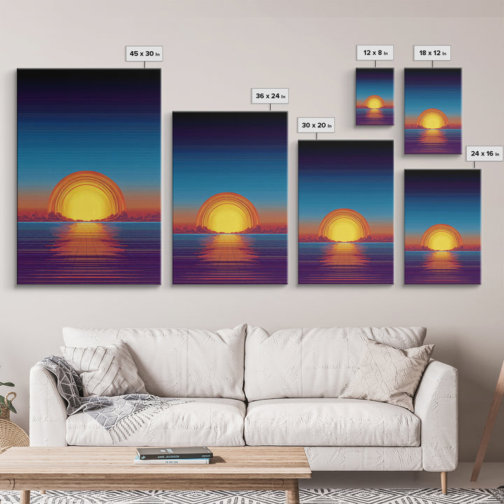 Neon Retro Sunset Over Ocean Grid Wall Art, Synthwave 80s Poster, Vaporwave Decor, Modern Digital Art, Blue Orange Print