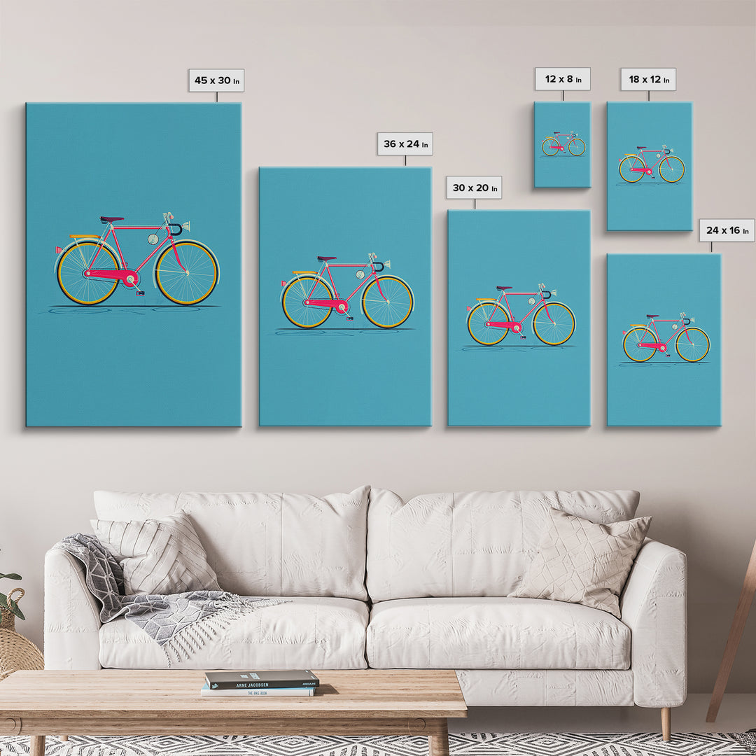 Colorful Pink Bicycle On Teal Canvas Print, Mid Century Modern Art, Retro Cycling Poster, Dopamine Decor, Kids Room Art Gift