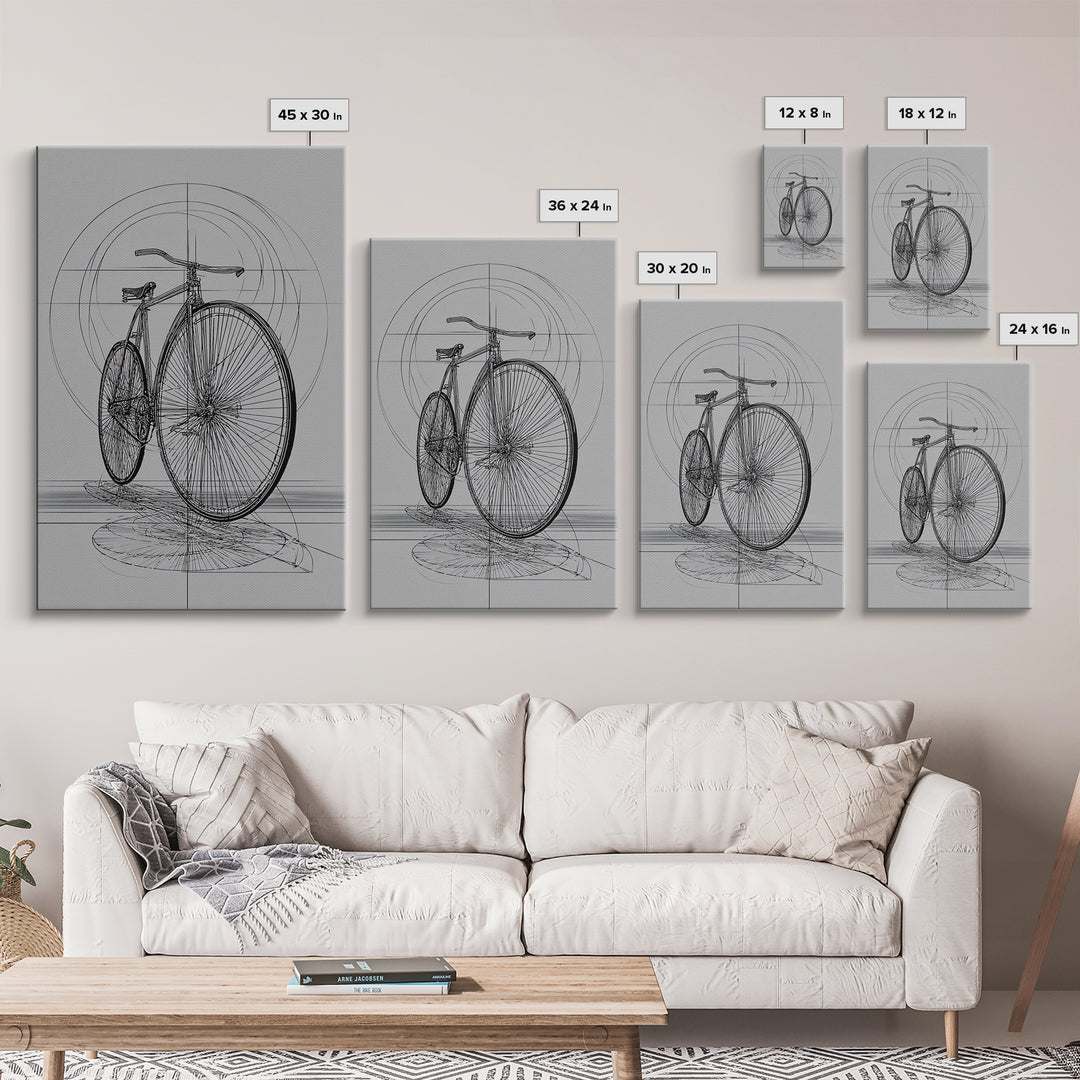 Antique Penny Farthing Technical Drawing Wall Art, Black White Bicycle Poster, Architectural Art, Geometric Lines, Office Decor