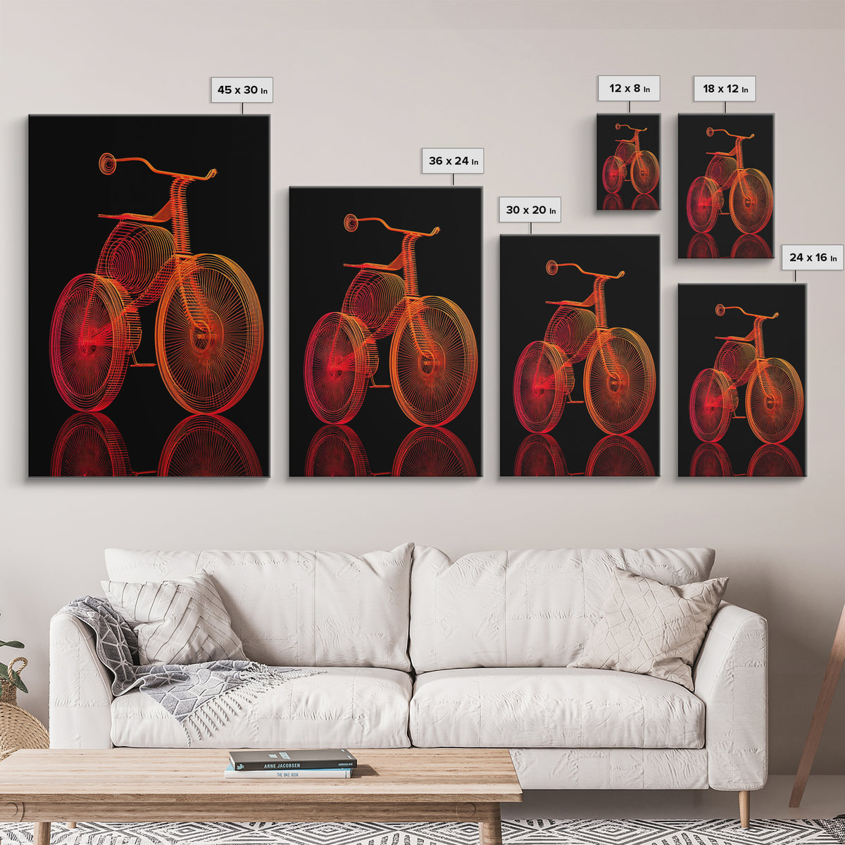Neon Orange Tricycle Line Art Canvas Print, Black Background Retro Poster, Modern Digital Art, Atomic Decor, Kids Room Art