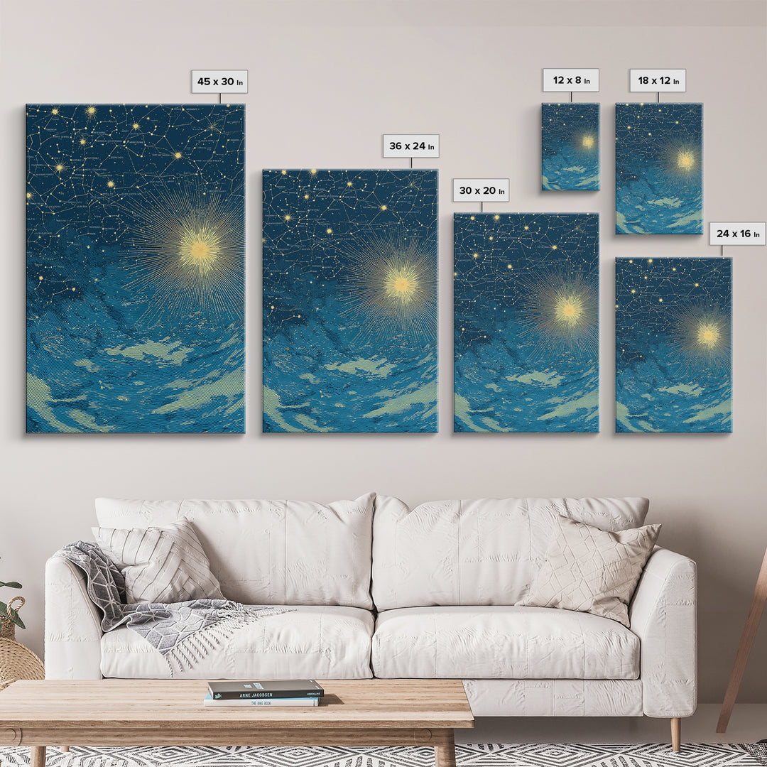 Blue Gold Celestial Starburst Canvas Print, Constellation Night Sky Wall Art, Space Abstract Art, Modern Poster, Spiritual Decor