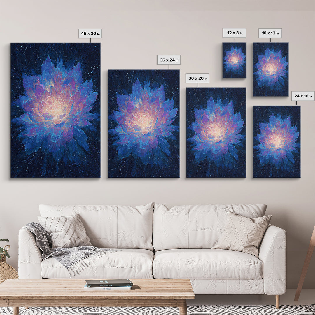 Radiant Blue Lotus Canvas Print, Spiritual Floral Wall Art, Luminous Abstract Flower Poster, Yoga Meditation Room Decor Gift