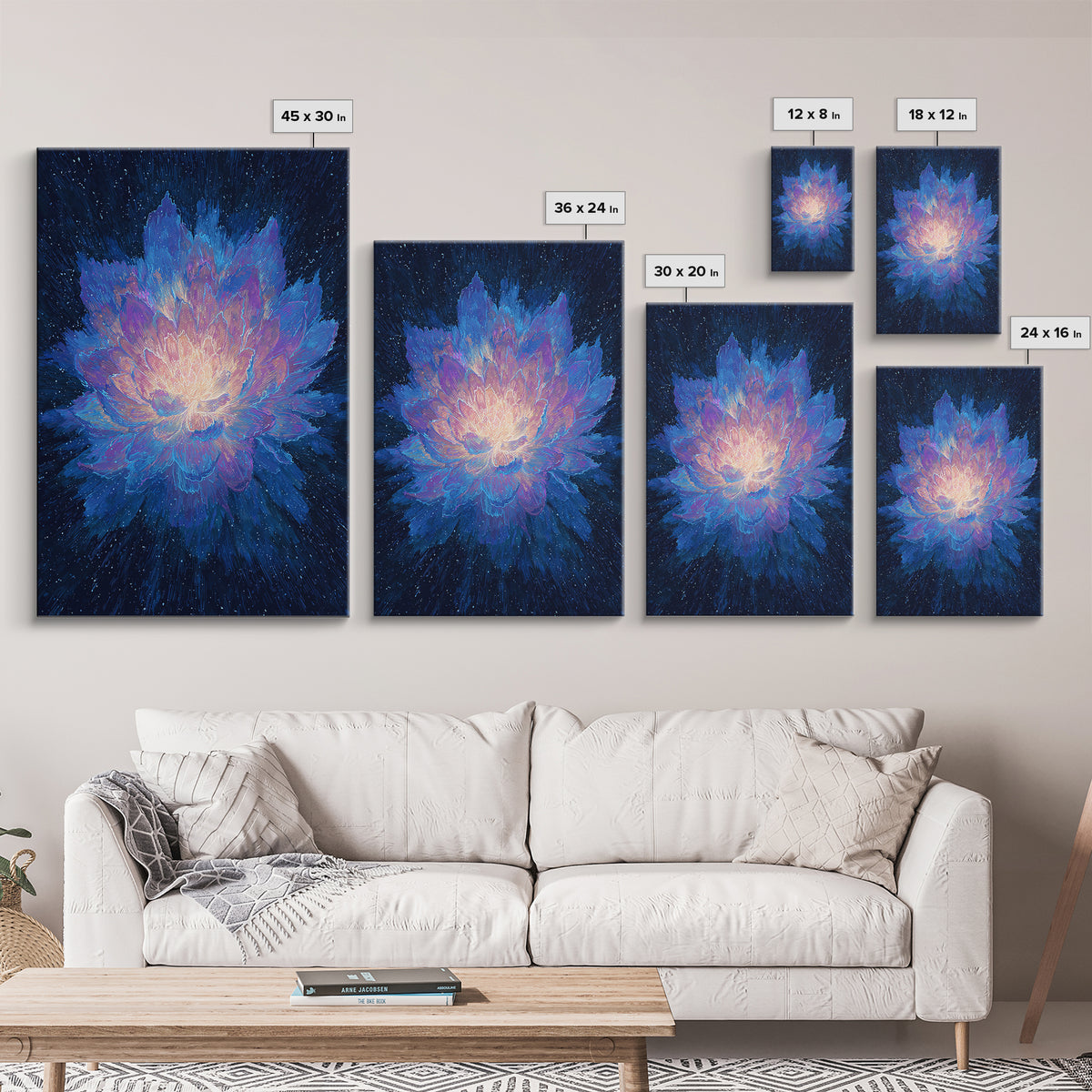 Radiant Blue Lotus Canvas Print, Spiritual Floral Wall Art, Luminous Abstract Flower Poster, Yoga Meditation Room Decor Gift
