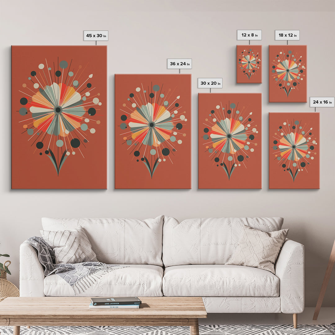 Rust Orange Atomic Flower Wall Art, Midcentury Modern Canvas Print, Geometric Retro Poster, MCM Living Room Decor Gift Idea