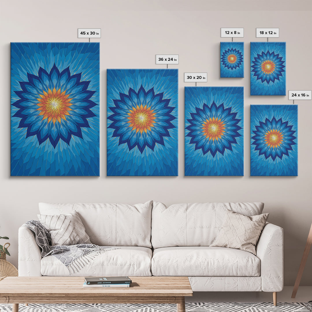 Blue Geometric Lotus Mandala Canvas Print, Abstract Floral Wall Art, Modern Spiritual Poster, Yoga Meditation Decor Gift Idea