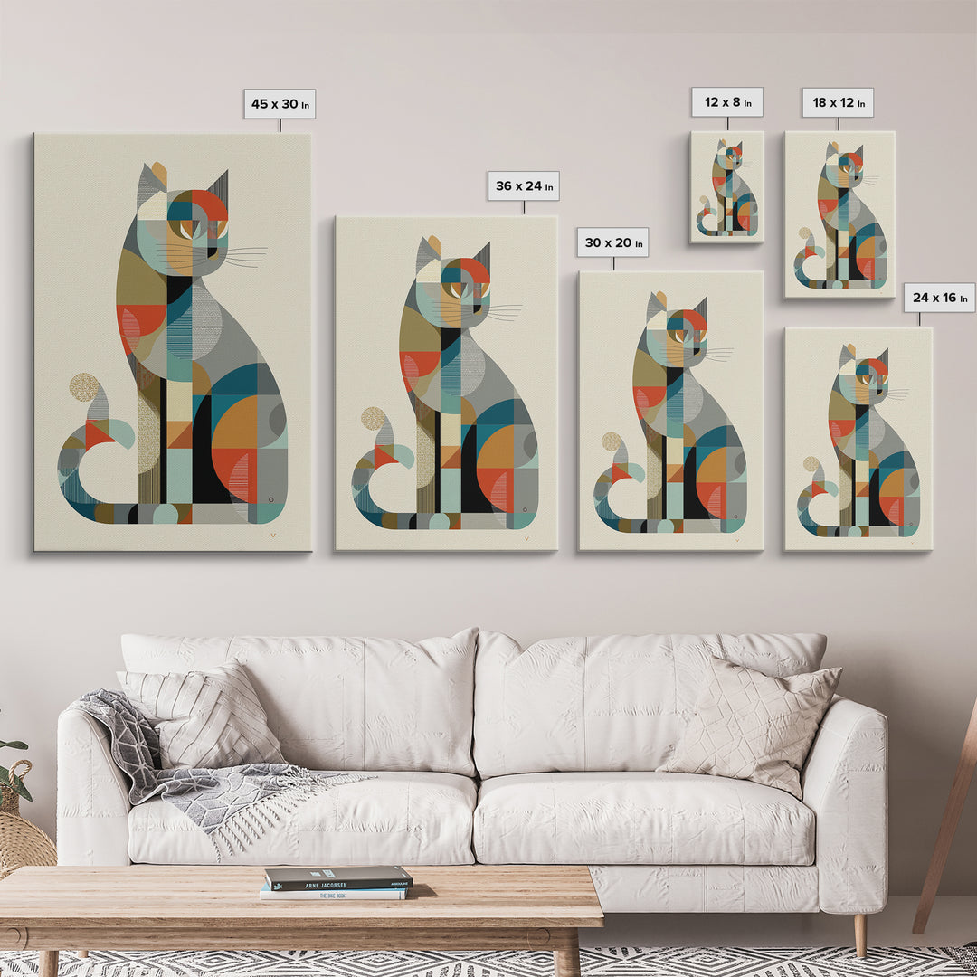Minimalist Geometric Cat Framed Canvas Print, Midcentury Modern Animal Art, Bauhaus Poster, Neutral Scandinavian Decor Gift