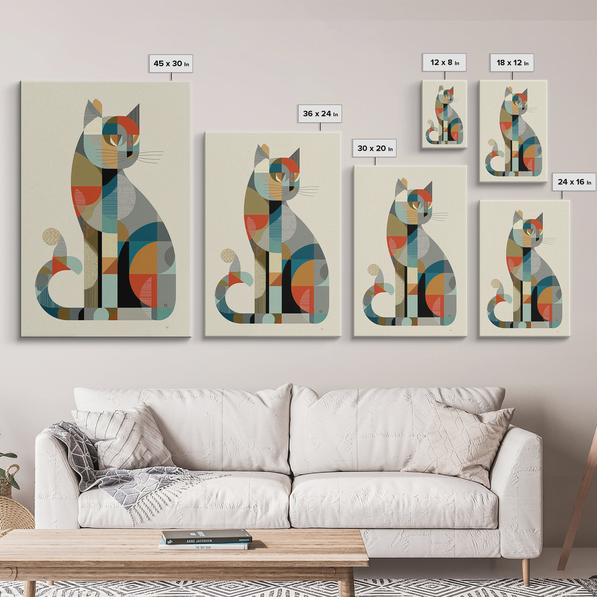 Minimalist Geometric Cat Framed Canvas Print, Midcentury Modern Animal Art, Bauhaus Poster, Neutral Scandinavian Decor Gift