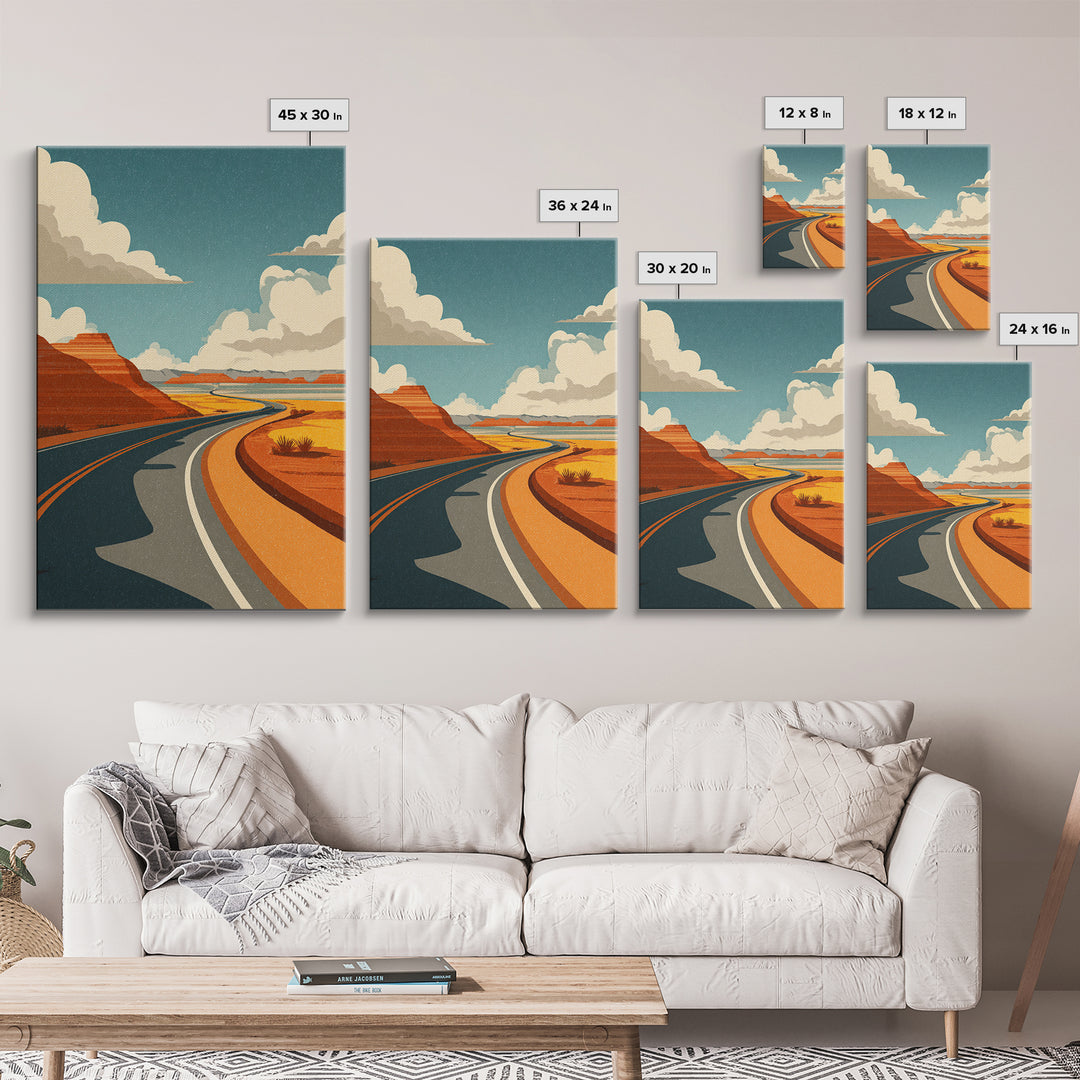 Winding Desert Highway With Red Mesas Wall Art, Mid Century Modern Travel Poster, Retro Southwest Road Trip Decor Print Gift
