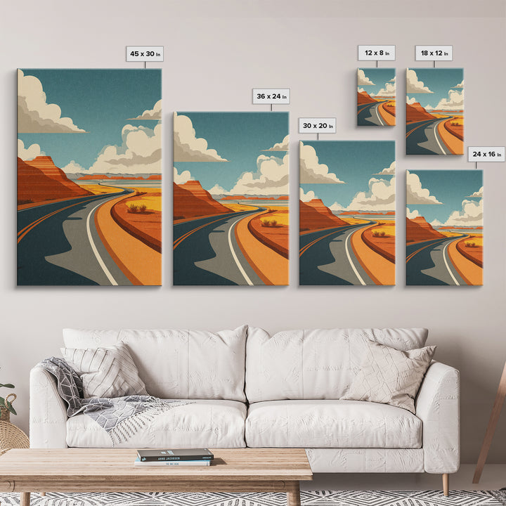 Winding Desert Highway With Red Mesas Wall Art, Mid Century Modern Travel Poster, Retro Southwest Road Trip Decor Print Gift