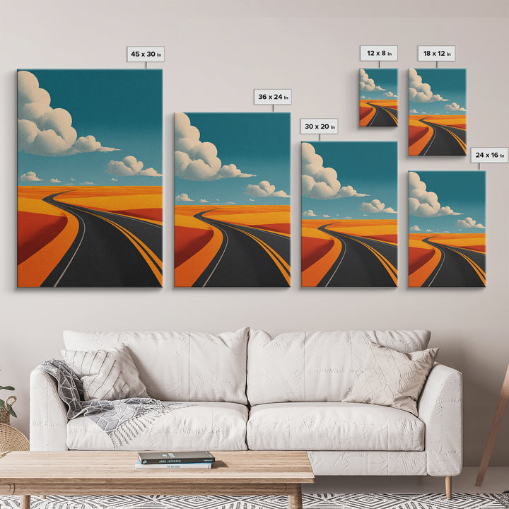 Curving Blacktop Across Orange Desert Canvas Print, Mid Century Modern Wall Art, Retro Road Trip Landscape Poster Home Decor