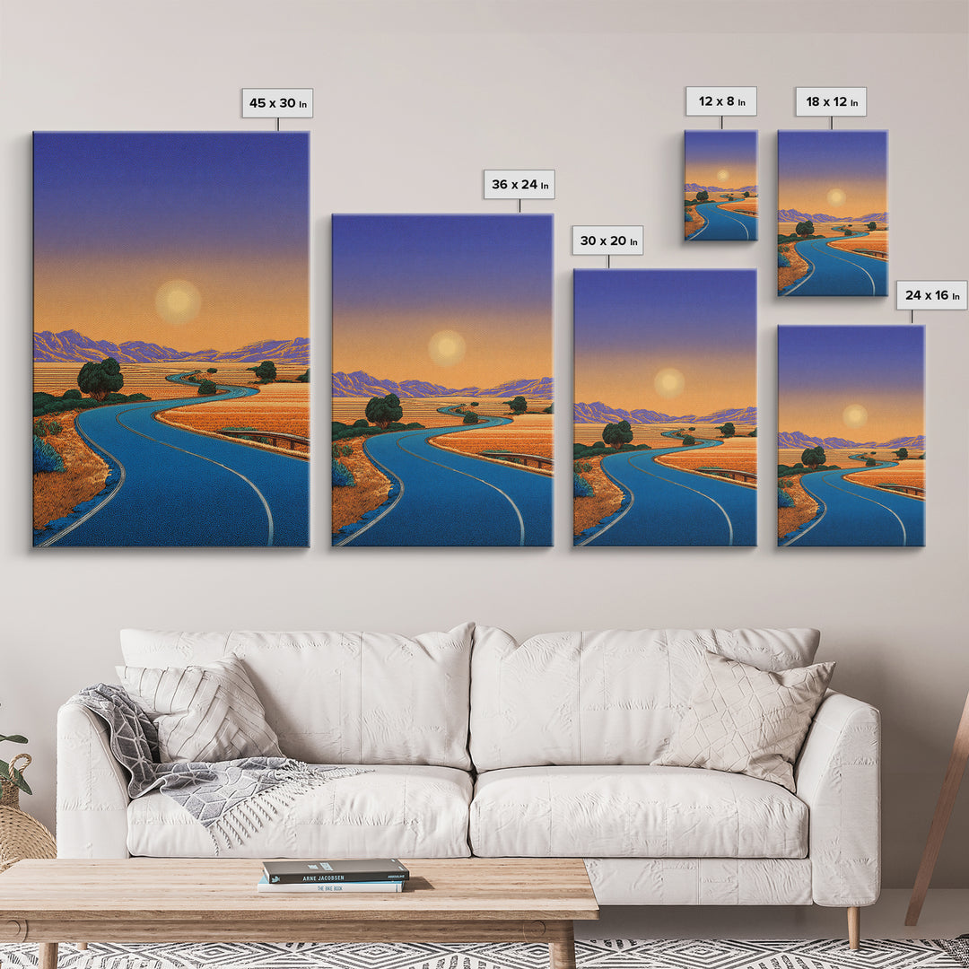 Golden Sunset Road Through Valley Wall Art, Mid Century Modern Landscape Print, Retro California Desert Home Decor Poster