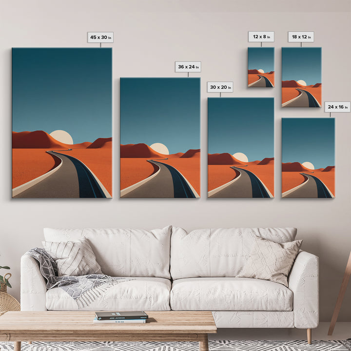 Minimal Desert Road With Low Sun Framed Canvas Print, Modern Abstract Wall Art, Midcentury Southwest Landscape Decor Poster