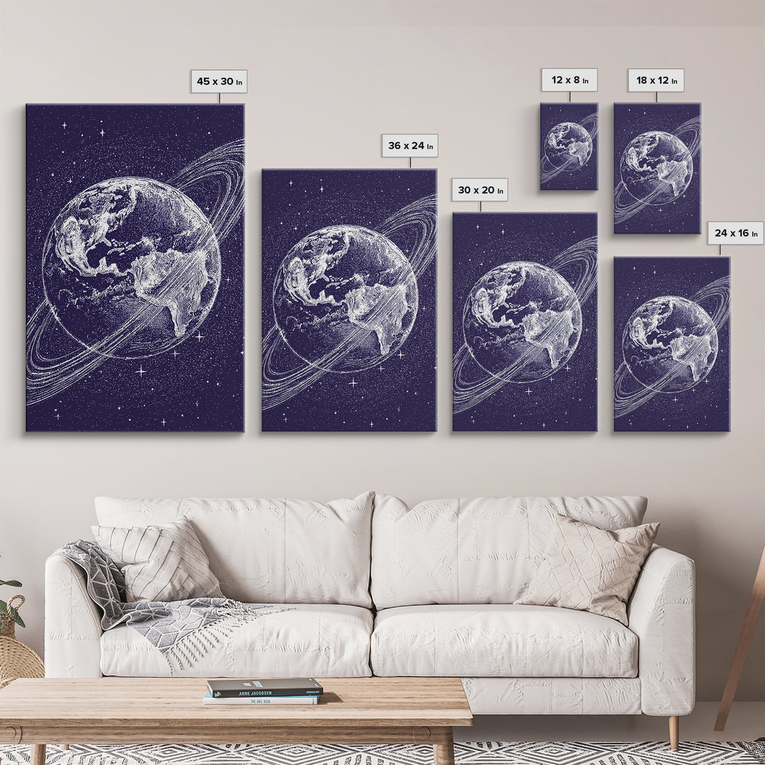 Purple Starry Earth With Saturn Rings Canvas Print, Cosmic Retro Wall Art, Modern Space Poster For Bedroom Decor Gift Print