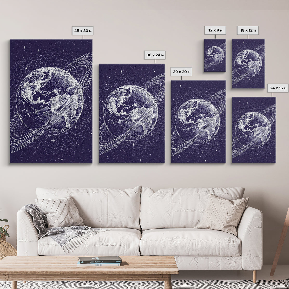 Purple Starry Earth With Saturn Rings Canvas Print, Cosmic Retro Wall Art, Modern Space Poster For Bedroom Decor Gift Print