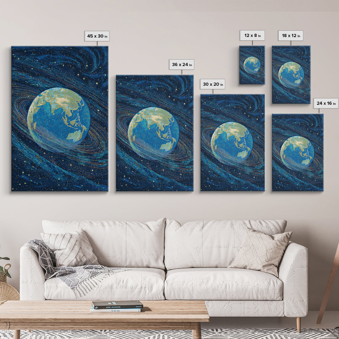 Blue Earth Wrapped In Starry Cosmic Swirls Wall Art, Modern Abstract Art Print, Retro Sci Fi Space Home Decor Poster Gift