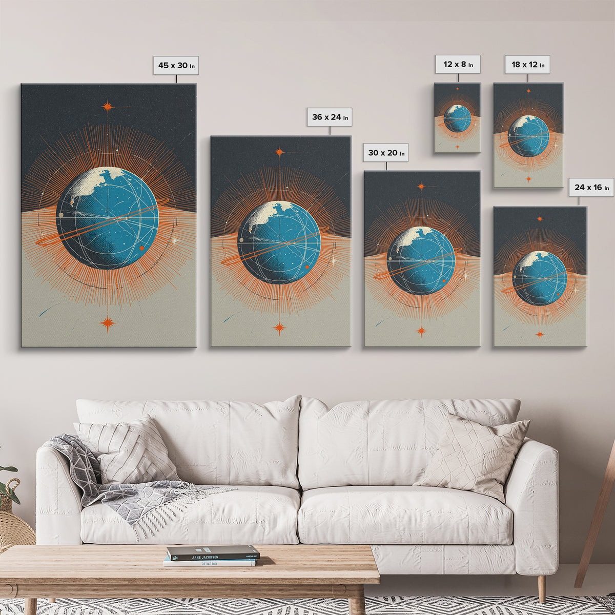 Orange Orbit Planet With Radiating Lines Framed Canvas Print, Modern Abstract Wall Art, Retro Sci Fi Space Decor Poster Gift