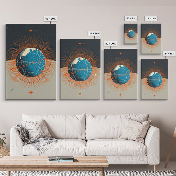 Orange Orbit Planet With Radiating Lines Framed Canvas Print, Modern Abstract Wall Art, Retro Sci Fi Space Decor Poster Gift