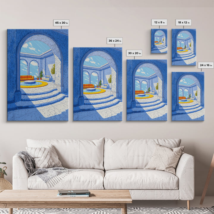 Blue Arched Sunroom With Orange Sofa Framed Canvas Print, Midcentury Modern Wall Art, Mediterranean Living Room Decor Poster