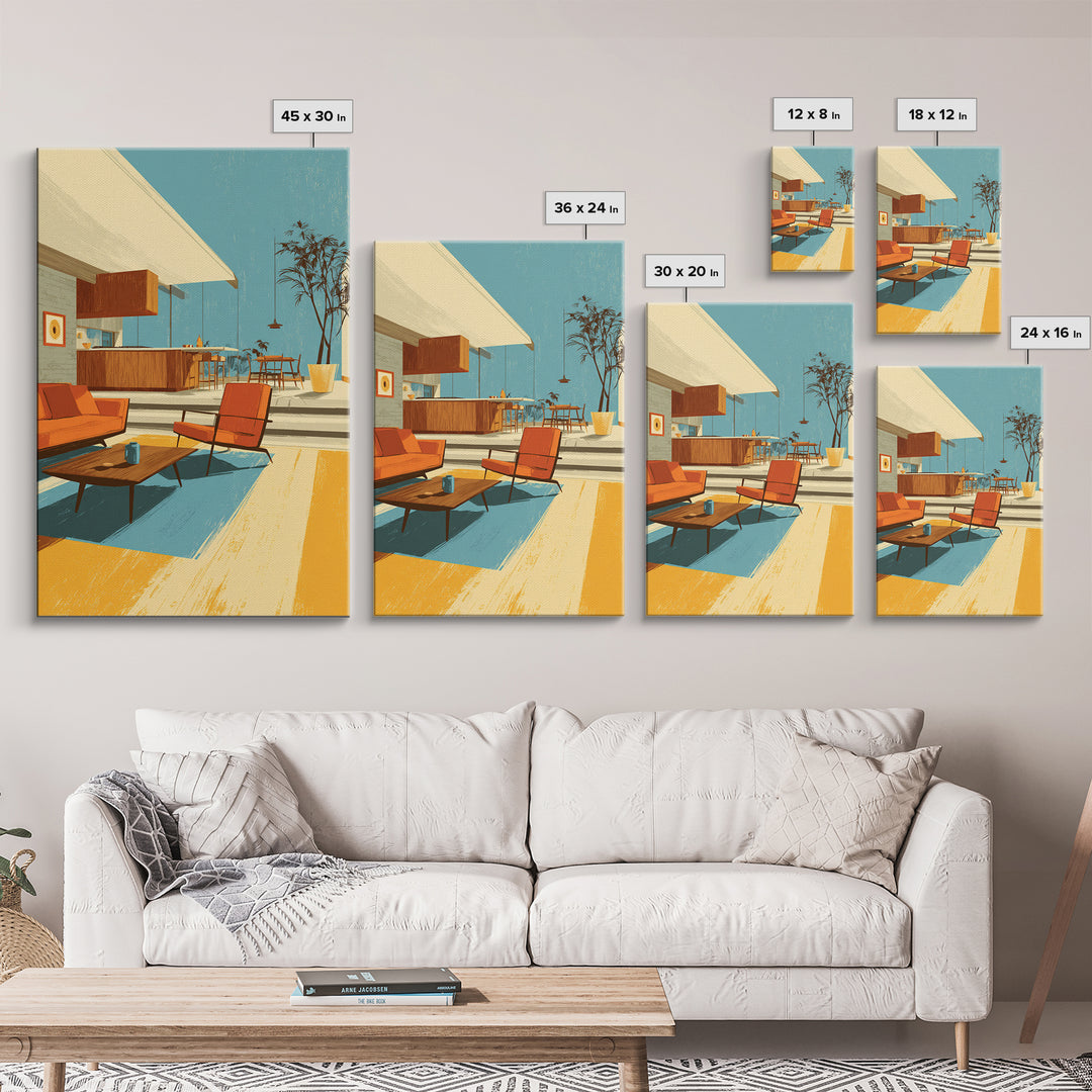Orange Patio Chairs And Sunny Kitchen Wall Art, Midcentury Modern Decor, Retro Palm Springs Canvas Print, Bright Home Decor