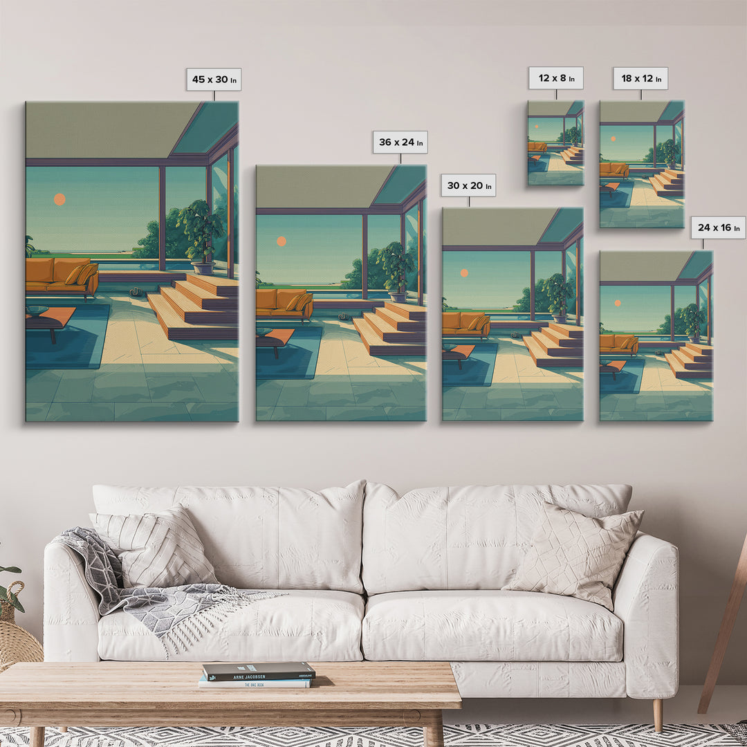 Orange Sofa Ocean View Living Room Canvas Print, Midcentury Modern Wall Art, Coastal Sunset Decor, Retro Home Office Poster