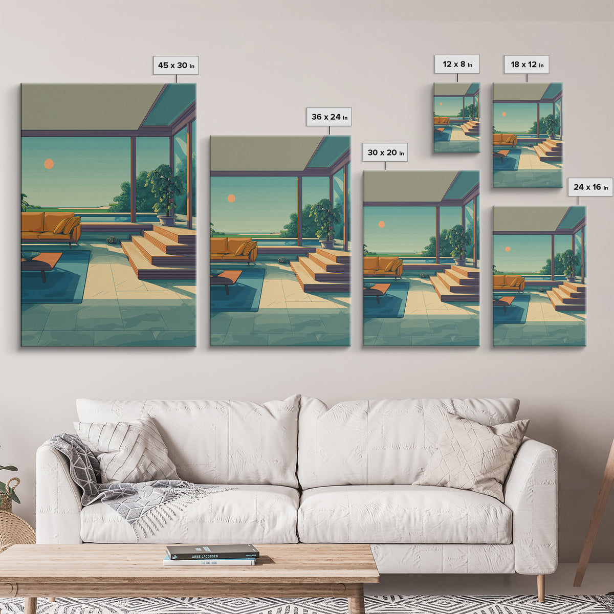 Orange Sofa Ocean View Living Room Canvas Print, Midcentury Modern Wall Art, Coastal Sunset Decor, Retro Home Office Poster