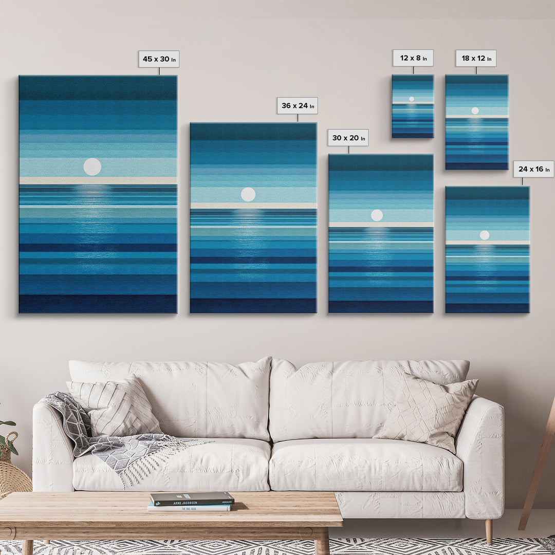 Minimal Blue Ocean Moon Stripes Wall Art, Modern Abstract Art Print, Coastal Bedroom Decor, Scandinavian Modern Canvas Print