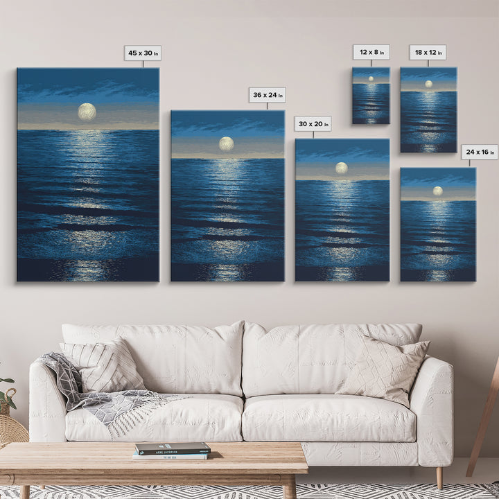 Moonlit Ocean Reflection Framed Canvas Print, Blue Wall Art, Modern Seascape Poster, Coastal Living Room And Bedroom Decor