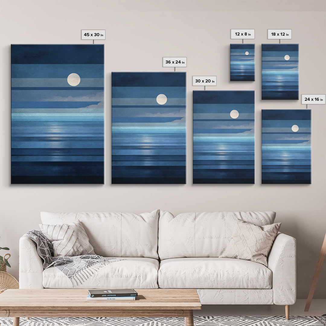 Minimalist Blue Moon Seascape Wall Art, Modern Abstract Ocean Print, Coastal Bedroom Decor, Large Canvas Print For Living Room