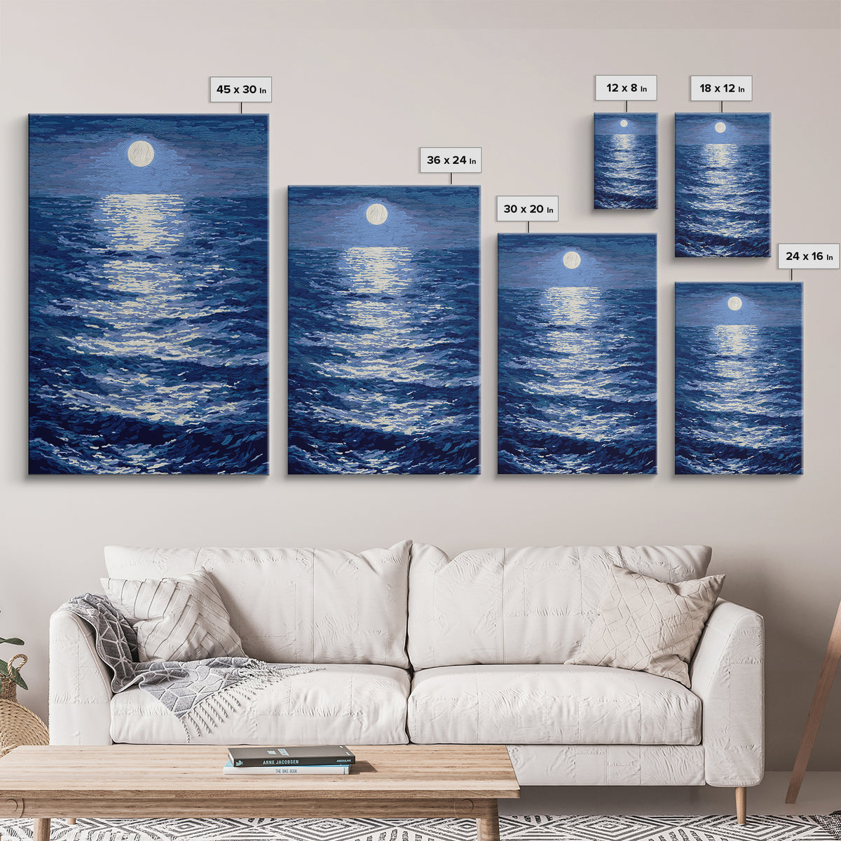 Textured Moonlit Waves Canvas Print, Blue Wall Art, Coastal Seascape Painting, Modern Living Room Decor, Ocean Art Print
