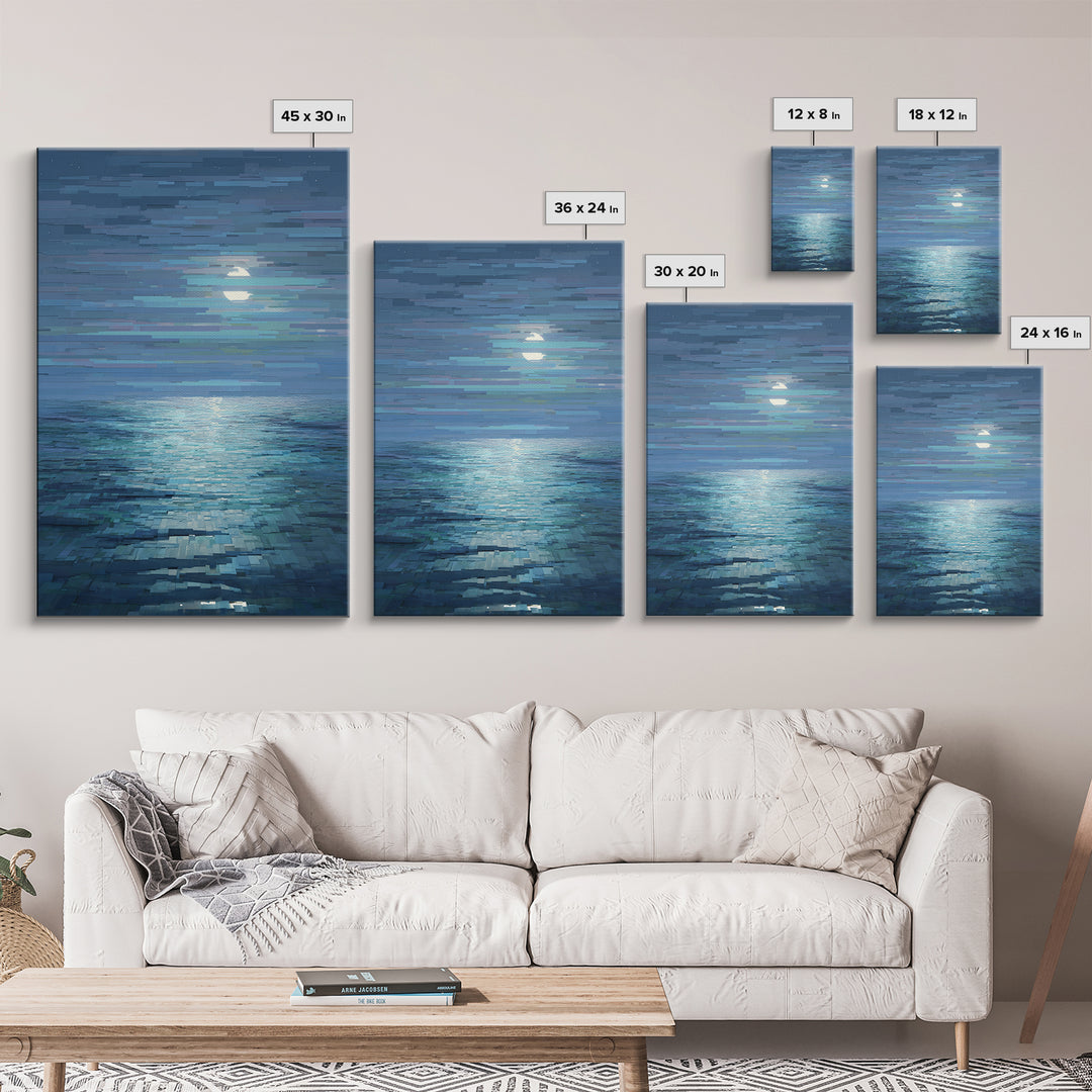 Pixelated Moon Over Calm Sea Wall Art, Modern Digital Art, Blue Coastal Canvas Print, Abstract Seascape Living Room Decor