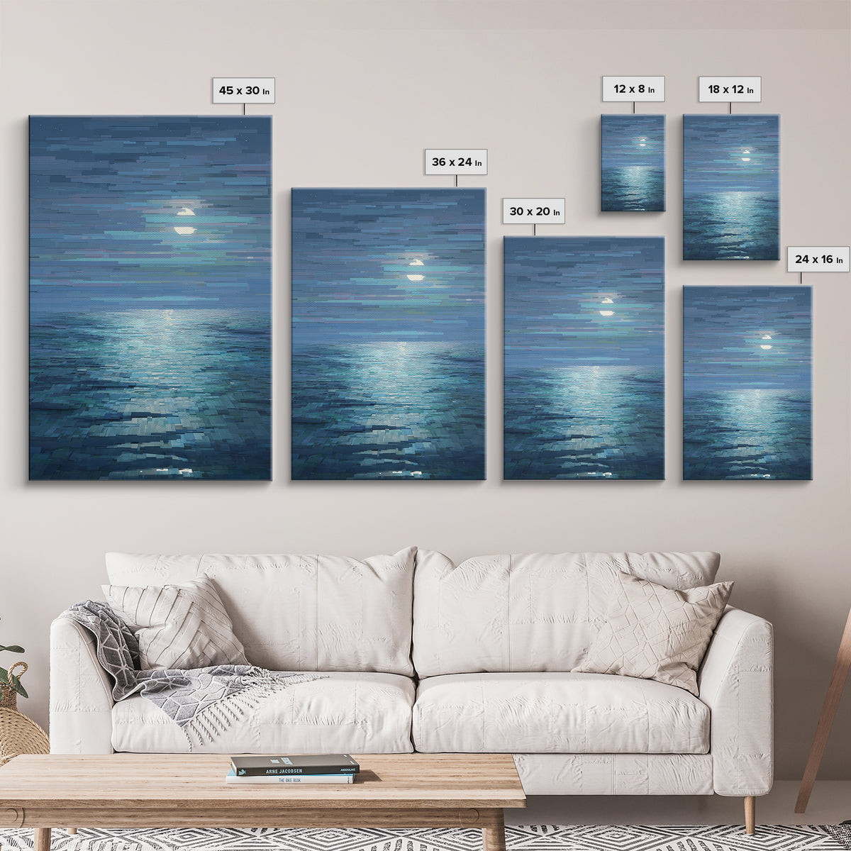 Pixelated Moon Over Calm Sea Wall Art, Modern Digital Art, Blue Coastal Canvas Print, Abstract Seascape Living Room Decor