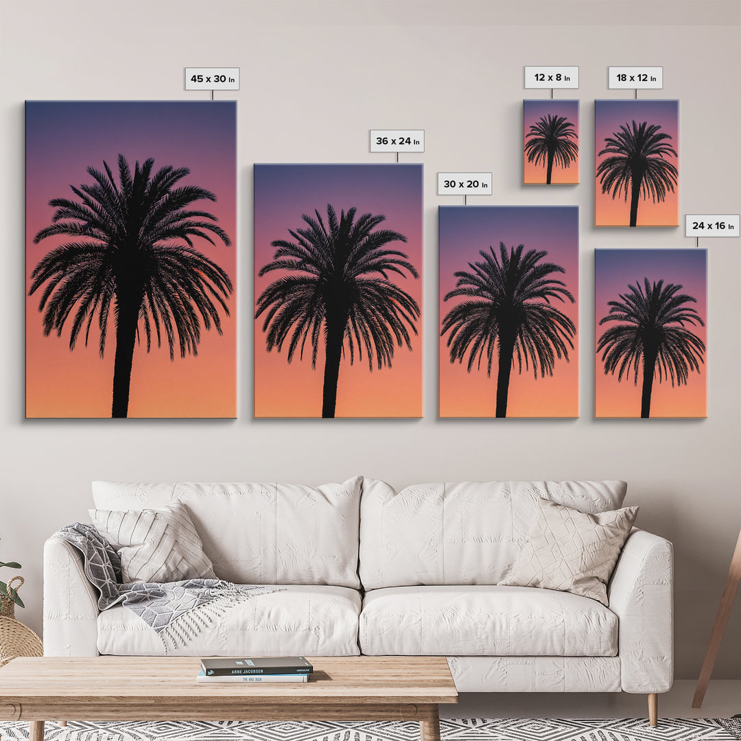 Black Palm Silhouette At Purple Orange Sunset Wall Art, Retro Tropical Poster, Palm Springs Decor, Coastal Home Decor Print