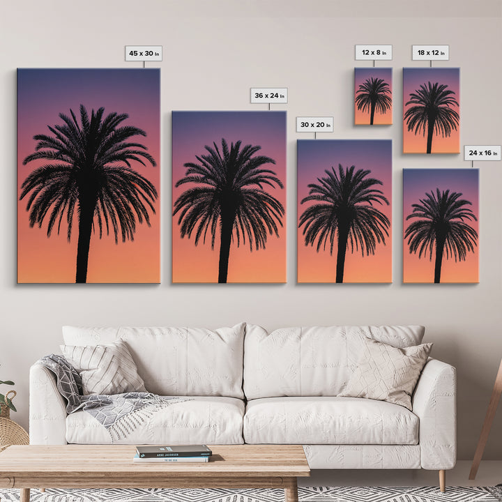 Black Palm Silhouette At Purple Orange Sunset Wall Art, Retro Tropical Poster, Palm Springs Decor, Coastal Home Decor Print