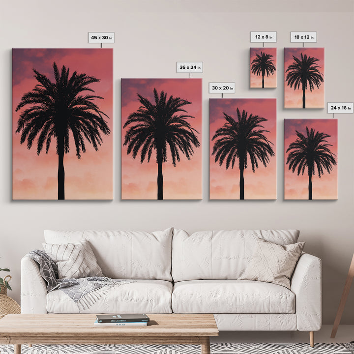 Cloudy Coral Palm Silhouette Sunset Canvas Print, Retro Tropical Wall Decor, Palm Springs Poster, Coastal Bedroom Art Print
