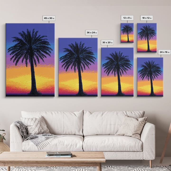 Pixel Palm Tree Against Blue Yellow Sunset Wall Art, Retro Digital Poster, Tropical MCM Wall Decor, Colorful Coastal Print