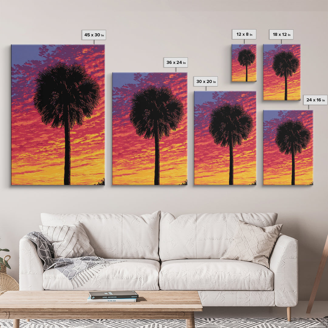 Fiery Palmetto Silhouette In Magenta Sunset Wall Art, Retro Tropical Poster, Palm Springs Decor, Bold Coastal Art Print Gift