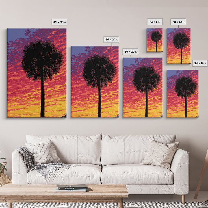 Fiery Palmetto Silhouette In Magenta Sunset Wall Art, Retro Tropical Poster, Palm Springs Decor, Bold Coastal Art Print Gift