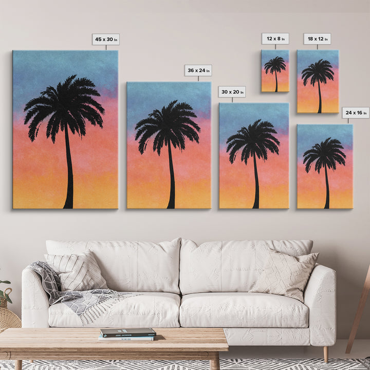 Textured Palm Silhouette With Coral Blue Sky Canvas Print, Retro Tropical Wall Decor, Palm Springs Style, Coastal Art Print