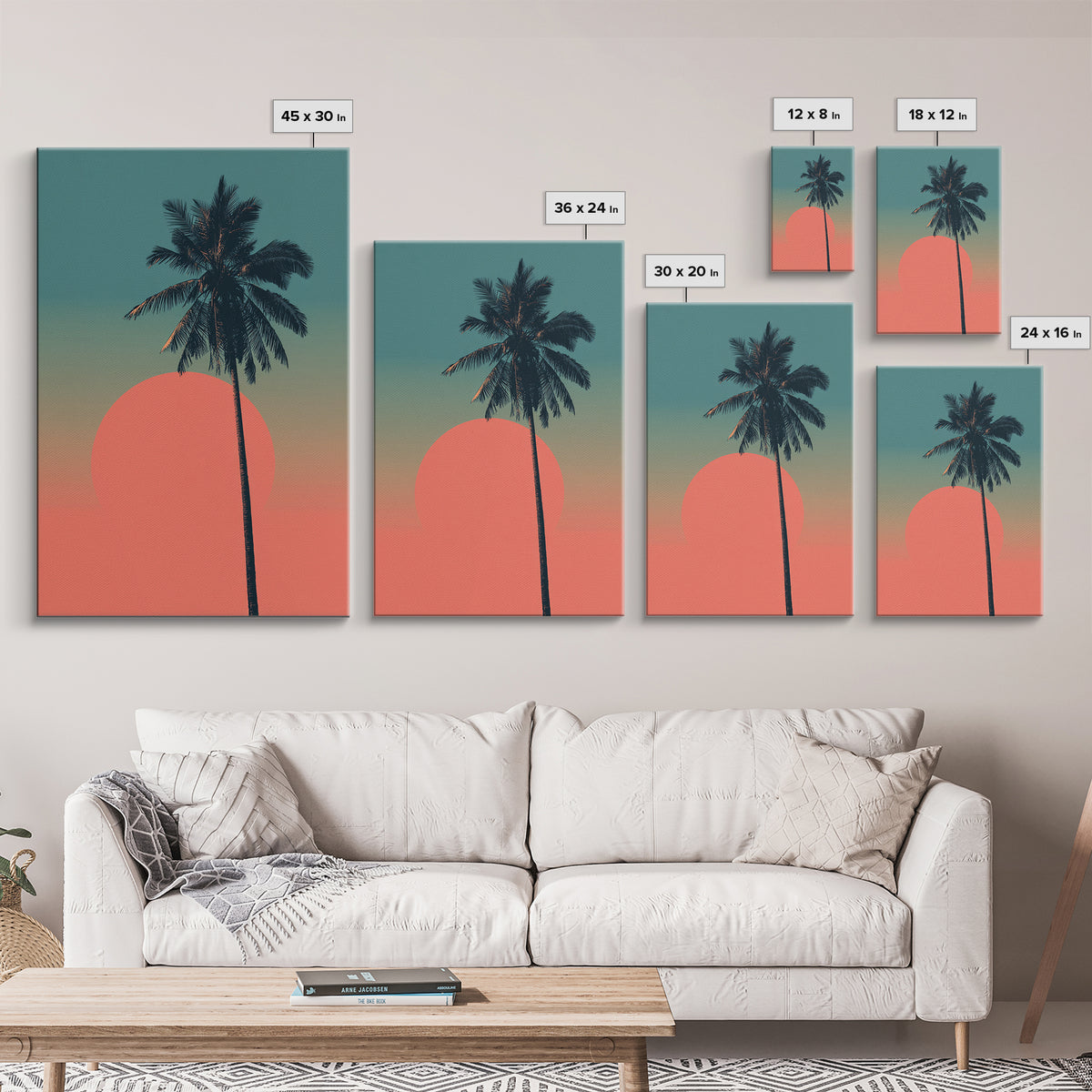 Minimal Palm Tree With Coral Sun Canvas Print, Retro Tropical Poster, Palm Springs Decor, Mid Century Modern Wall Art Print