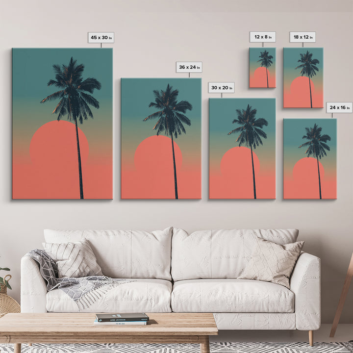 Minimal Palm Tree With Coral Sun Canvas Print, Retro Tropical Poster, Palm Springs Decor, Mid Century Modern Wall Art Print