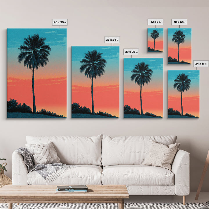 Tall Palm Silhouette In Turquoise Coral Sunset Wall Art, Retro Tropical Poster, Palm Springs Decor, Coastal Home Art Print
