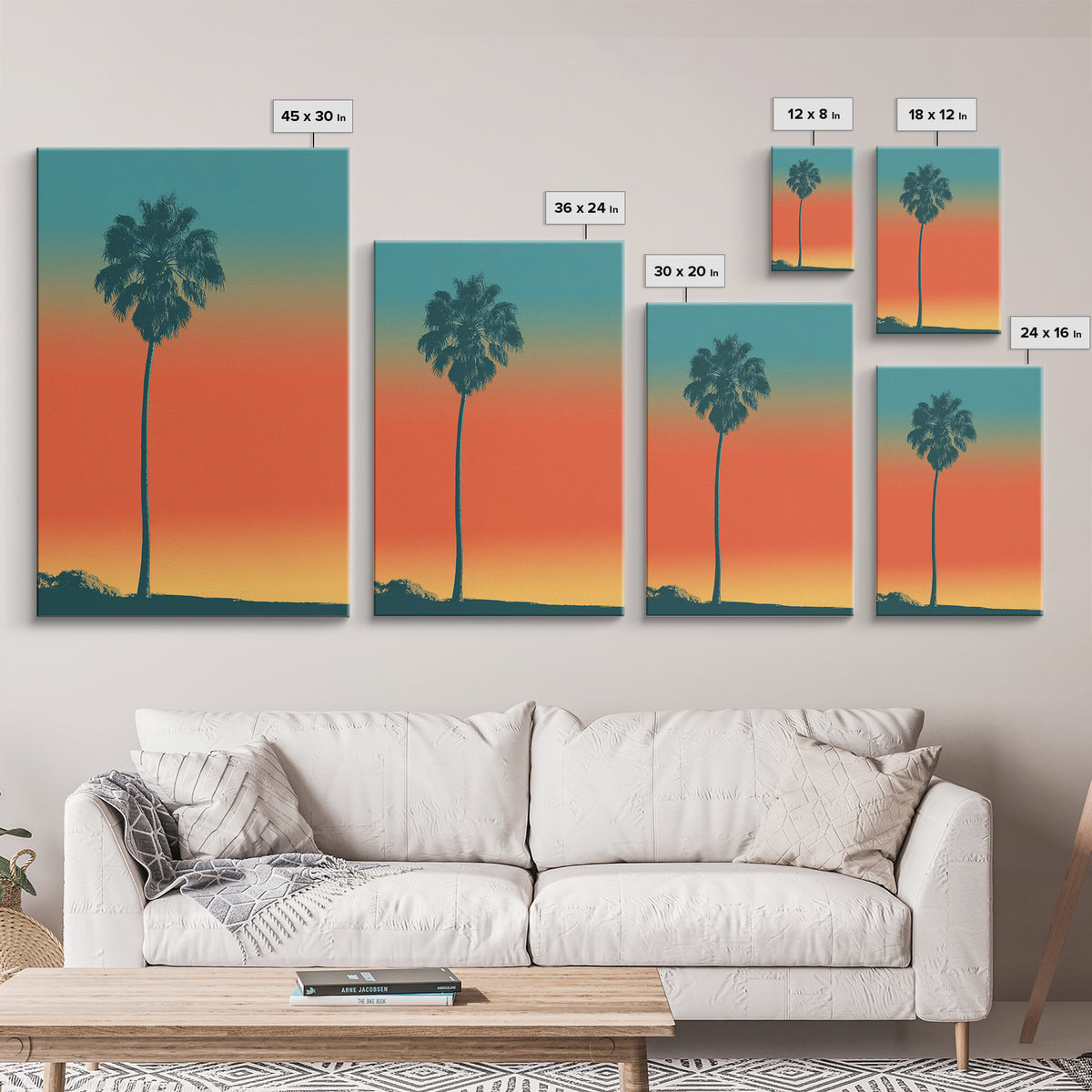 Lone Palm Tree On Orange Teal Horizon Canvas Print, Minimal Retro Tropical Poster, Palm Springs Decor, Coastal Wall Art Print