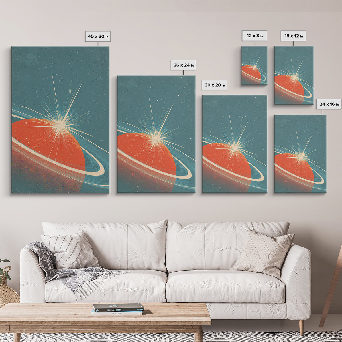 Retro Ringed Planet With Starburst Framed Canvas Print, Mid Century Modern Wall Art, Space Abstract Poster, Sci Fi Decor